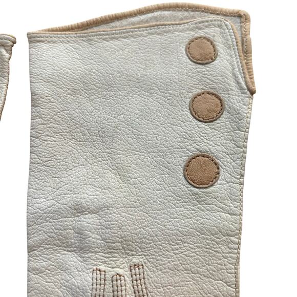 Ladies leather day or driving gloves wrist length 1920s cream & tan trim detail - Picture 3 of 8